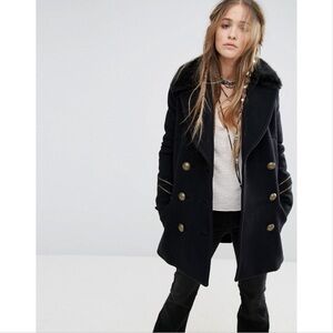 Free People Sedgwick Peacoat with Faux Fur Collar in Navy